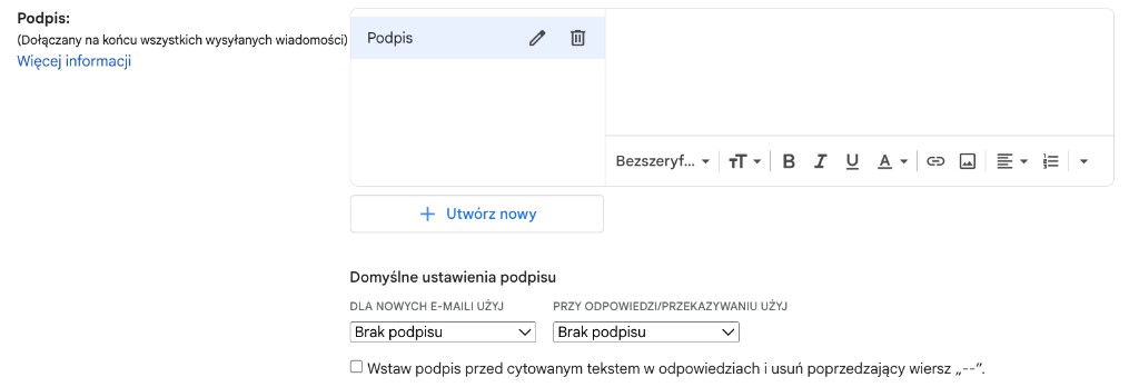 Sekcja Podpis w ustawieniach Gmail z polem edycji podpisu