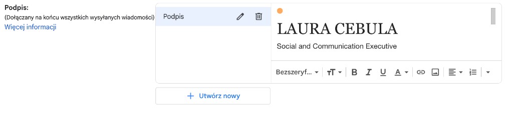 Wklejona stopka w polu edycji podpisu w Gmail